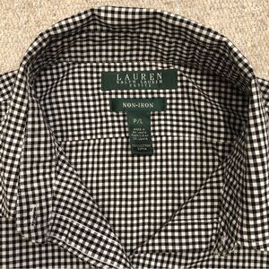 RALPH LAUREN Petite Top Sleeveless White/Black Gingham Non-Iron, Size L